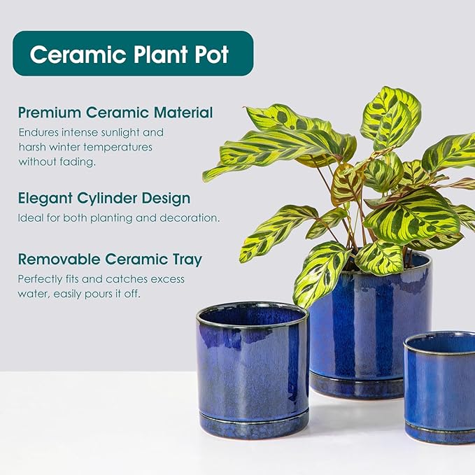 vancasso Ceramic Plant Pots, 3 Piece Planters for Indoor Plants, 4.25+5.25+6.25 Inch Flower Pots with Drainage, Plant Pots Indoor for Succulent, Pothos, Snake Plant and Money Tree, Etc (Blue)