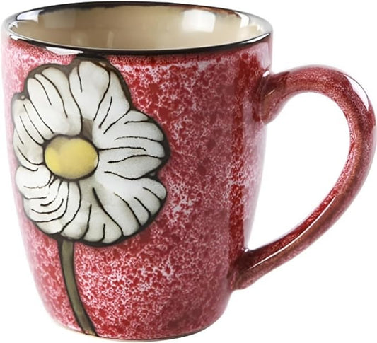 12oz/350ml Ceramic Coffee Mug with Handle,Hand Painted Vintage Floral Cappuccino Cups, Suitable for Tea Cups,Colorful Stoneware Coffee Mugs and Drinking Cup,Ideal Gifts for Women and Men-Red