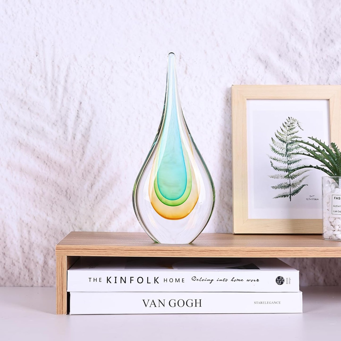 DOVDOV Blown Glass Sculpture, Light Green Glass Art Teardrop Statue, Unique Ocean Themed Decor for Office, Bookshelf, Dresser, Living Room Coffee Table, Fireplace countertop Decor.