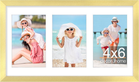 decorUhome 8x14 Picture Frames Collage Wall Decor, Display 3Pcs 4x6 Photos with Mat or 1Pcs 8x14 Unmatted, 3 4x6 Collage Picture Frames for Wall Mounting, Gold