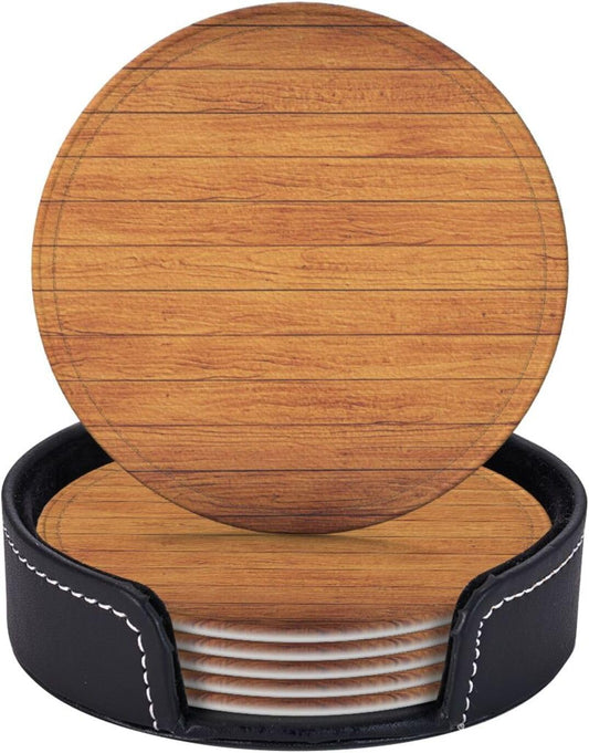 Drink Coasters with Holder Stand Set of 6, Ivy Wood Grain Board Pu Leather Absorbent Coasters with Cork Base Table Round Coaster for Housewarming Apartment Kitchen Bar Decor