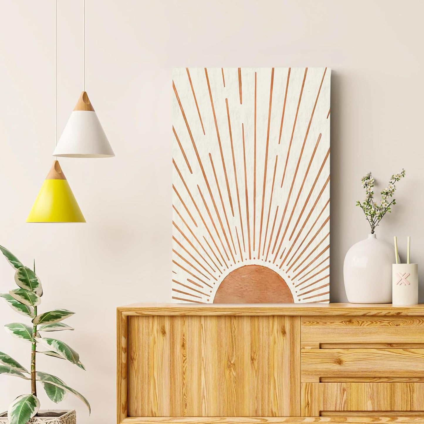 HIWX Vintage Abstract Boho Sun Framed Canvas Painting Wall Art Decor, Bohemia Boho Sunrise Sunshine Wall Art Artwork Home Decoration For Living Room Yoga Bedroom Bathroom 16x24 Inch