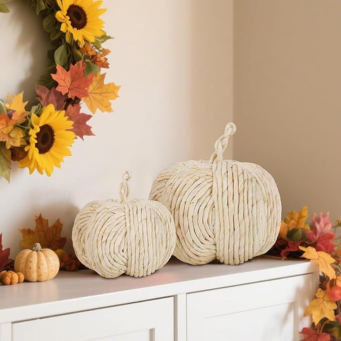 winemana 2 Pack Woven Pumpkin Decor - Fall & Thanksgiving Home Decorations, White Pumpkins Farmhouse Autumn Centerpieces for Table, Mantel, Porch Decor (Cattail Material, Assorted Size)