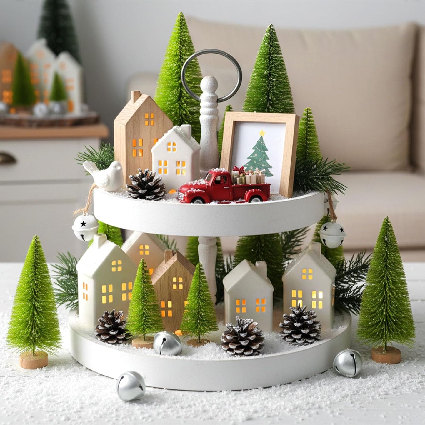 LOVEINUSA 40PCS Mini Christmas Trees, 5 Sizes Artificial Sisal Trees Bottle Brush Xmas Trees with Wooden Base for Xmas Winter Home Table Decoration