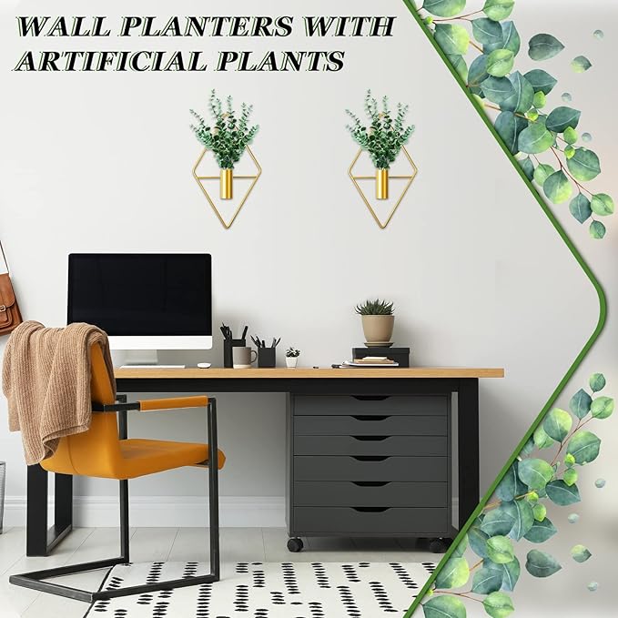 2 Pieces Gold Wall Decor Hanging Planters with Artificial Plants Metal Vase Indoor Plants Holder Modern Geometric Wall Art for Home Bathroom Bedroom Living Room Office(Eucalyptus,Medium)