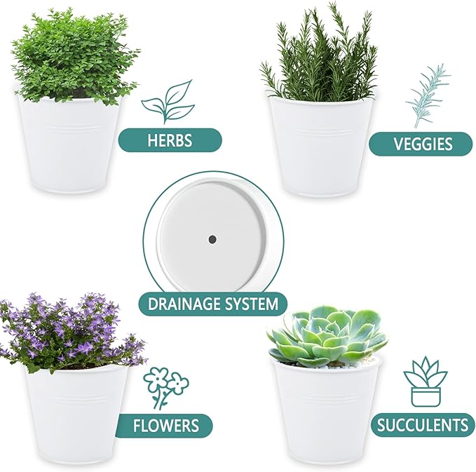 Indoor Herb Garden Set of 3 with Tray and 3 Types of Gardening Tools, Metal Plant Pots Herb Garden Planter Kit with Drainage for Plants (White)