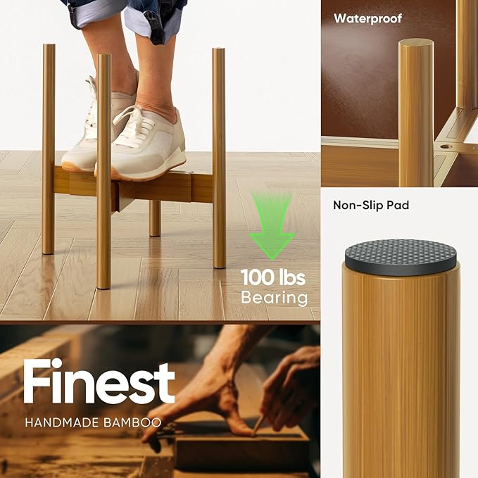 MUDEELA 14.5 Inch Tall Plant Stand for Indoor, Adjustable Width Bamboo Plant Stand for 8 9 10 11 12 Inches Pot, Single Tier Planter Holder Floor Stand, Mid Century Modern Style, Light Brown, Without Pot