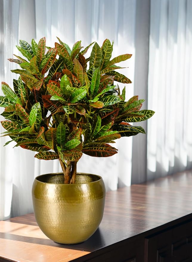 Serene Spaces Living Brass-Look Aluminum Cachepot: Handcrafted in India, Elegant Wedding & Home Decor, Vintage Planter for Indoor Plants, Flowers, Table Centerpieces, Small, 13" Diameter & 10.5" Tall