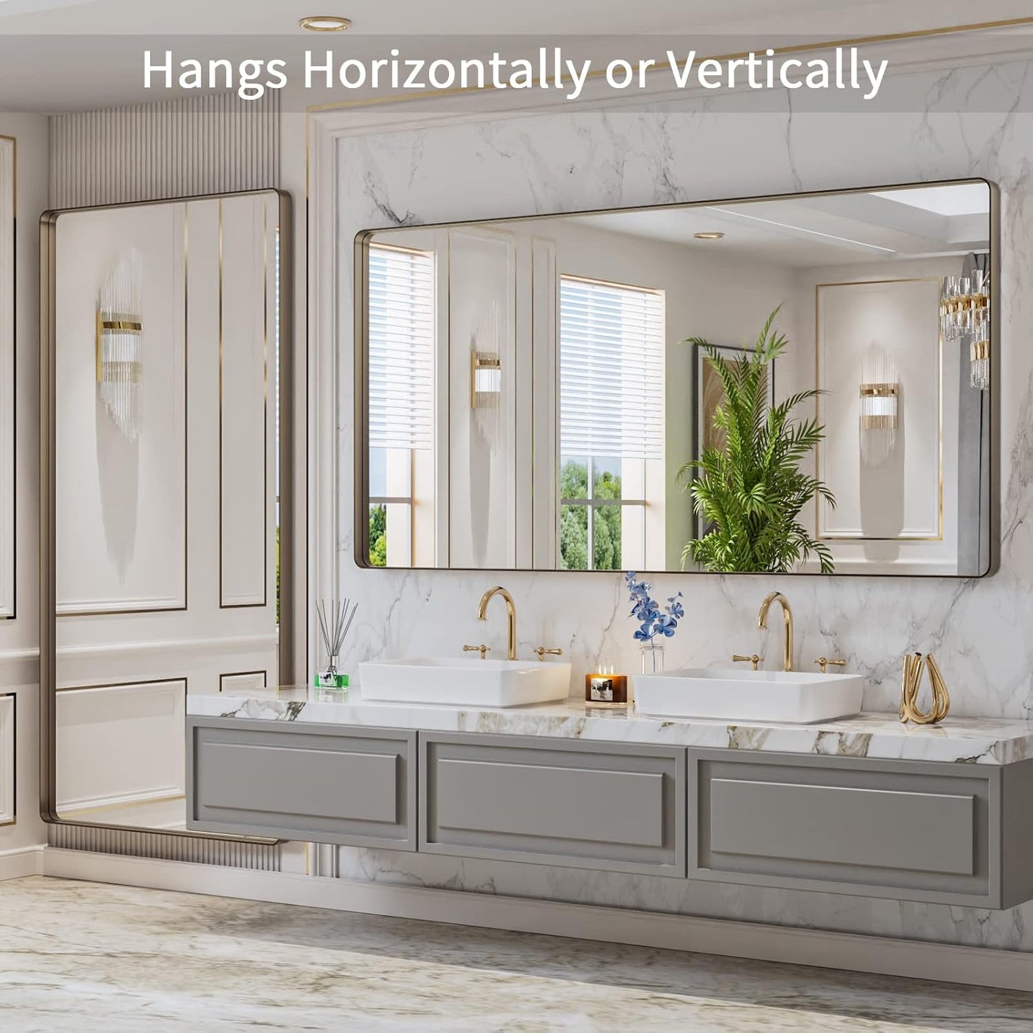 LOAAO 72”X36” Bronze Bathroom Mirrors for Vanity, Rounded Rectangle Brushed Bronze Metal Frame Mirror, Anti-Rust, Tempered Glass, Hangs Horizontally or Vertically