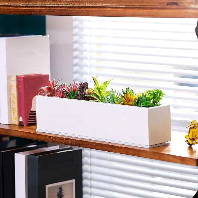 16.1 x 3.2 x 3.5 Inch Long Rectangular Planter Box Window Sill Plant Box Metal Water Trough Indoor Large Modern Steel with Drainage Holes Herb Garden Home(White)