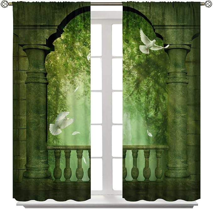Gothic Blackout Curtains，Fantasy Ancient Balcony Doves Pattern Drapes Window 2 Panel Rod Pocket Curtain for Bedroom Living Room Decor 36" W X 63" L