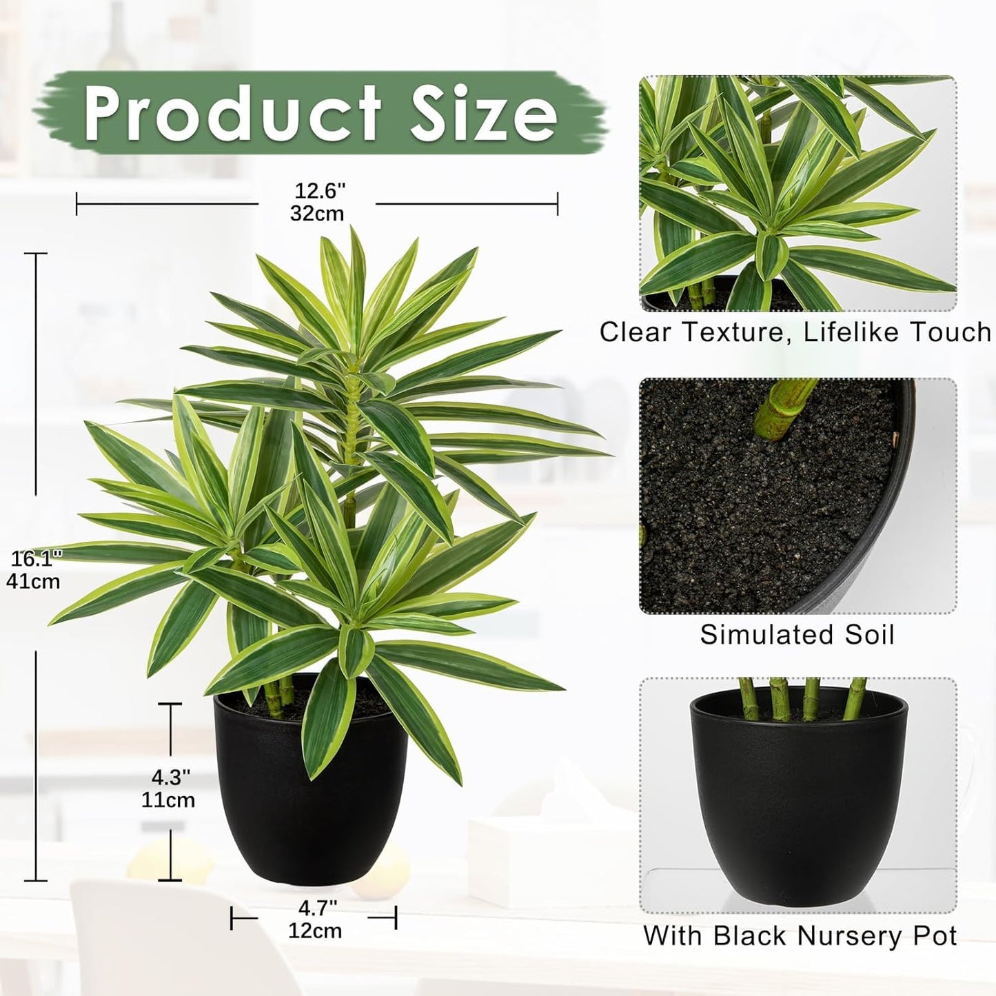 Faux Plants Dracaena Artificial Plant Realistic Green and Yellow 16.1" Fake Plants in Pot Small Indoor Plants Fake Potted Plants Artificial Decor for Home Living Room Bathroom Office House Table