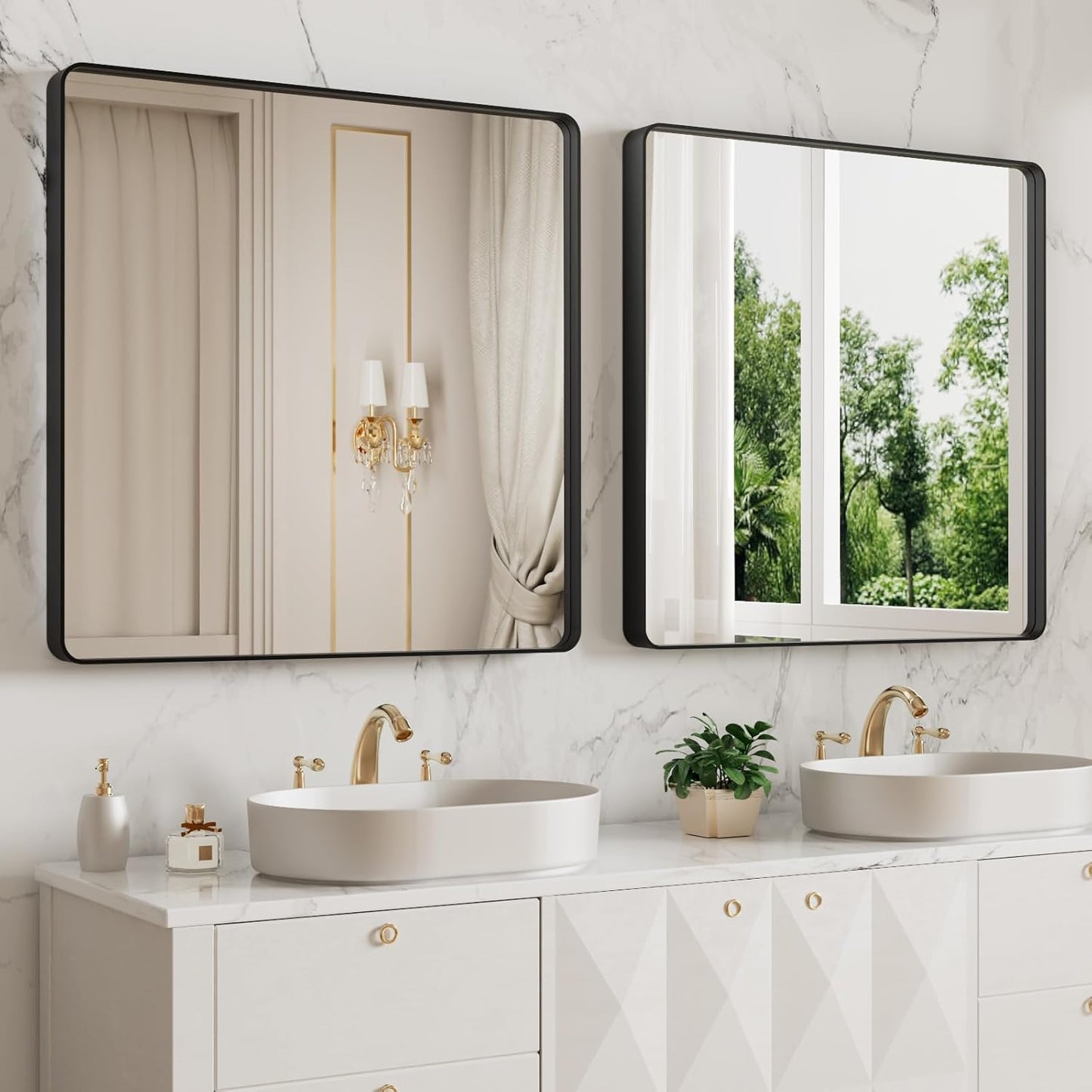 LOAAO 38x38 Inch Black Metal Framed Bathroom Mirror for Wall, Matte Black Bathroom Vanity Mirror Farmhouse, Large Rounded Rectangle Mirror, Anti-Rust, Tempered Glass, Hangs Horizontally or Vertically