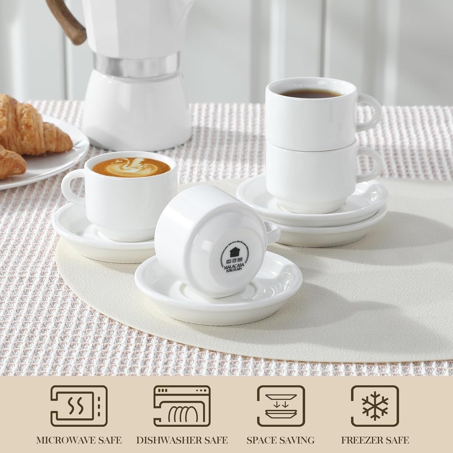 MALACASA 2.5 OZ Porcelain Espresso Cups with Saucers and Metal Stand Set of 4, Stackable Cappuccino Cups, White Expresso Shots Cup Set for Coffee Drinks, Latte, Tea