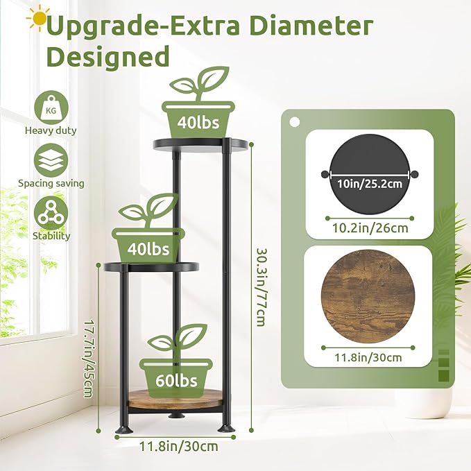 3 Tier Plant Stand Indoor Outdoor, 10in Wide Metal Tiered Tall Flower Pot Holder Multiple Shelf, Large Heavy Duty Round Rack for Patio Garden Living Room Balcony Corner Bathroom Orchid,Modern Black