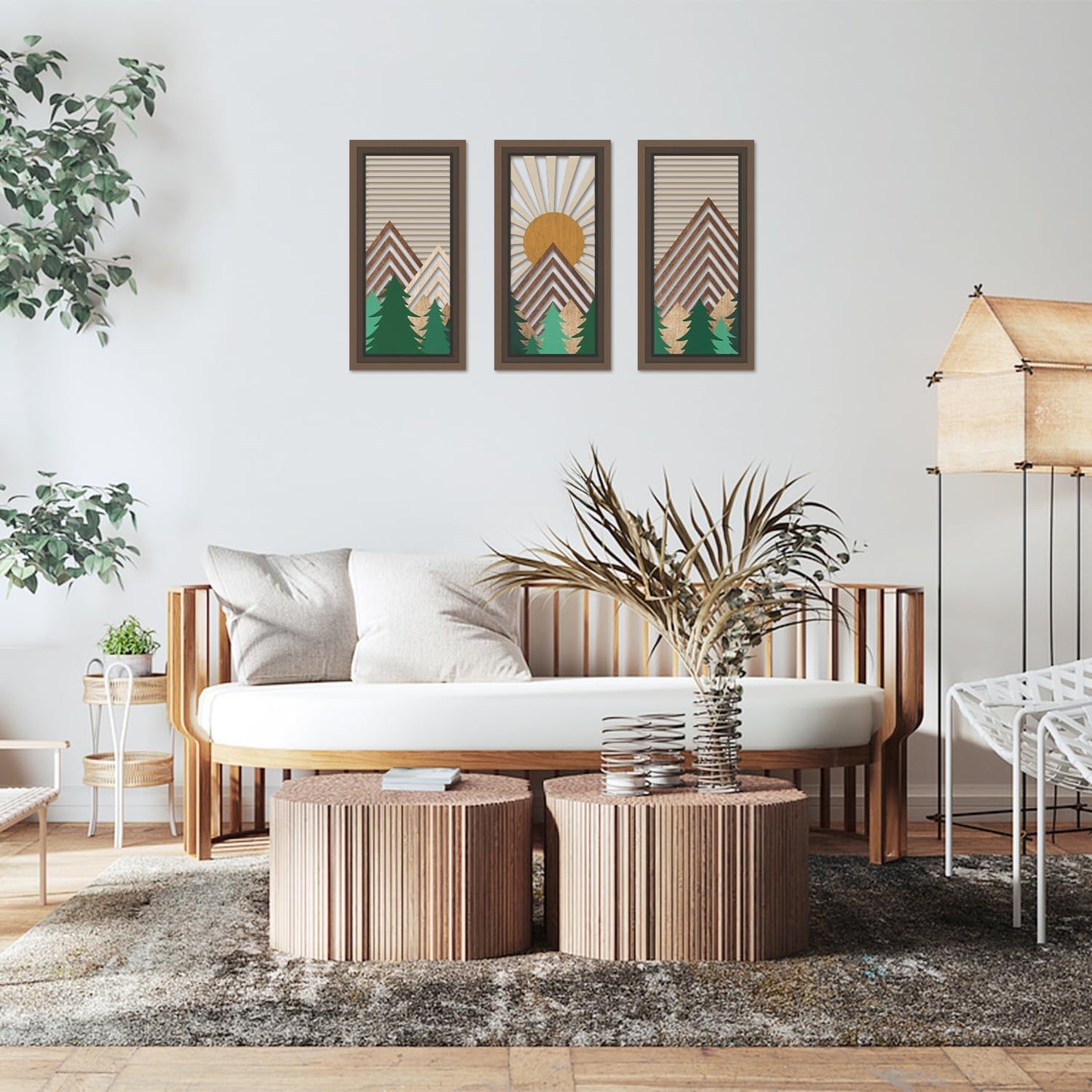 IARTTOP 3 Pcs Boho Mountain Wooden Wall Art Minimalist Geometric Artwork Pine Tree Sunrise Wood Wall Decor Bohemian Forest Hanging Decor for Living Room Bedroom Office 7.9 x15.8 Inch