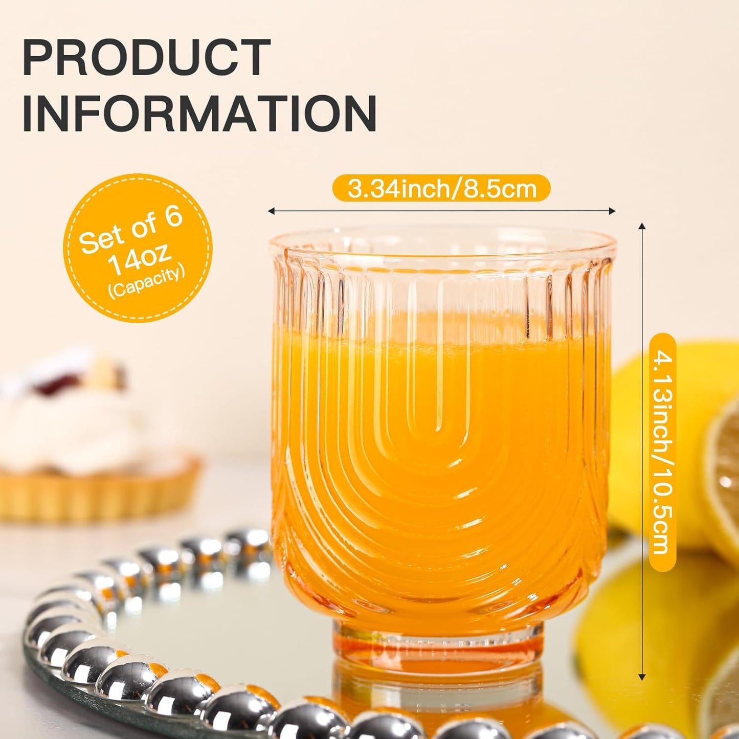 Colored Vintage Drinking Glasses Set of 6-14Oz Colorful Glass Drinking Glasses, Art Deco Ripple Highball Glass, Whiskey Cocktail Glasses, Glassware for Bar Beverages Ice Coffee Juice