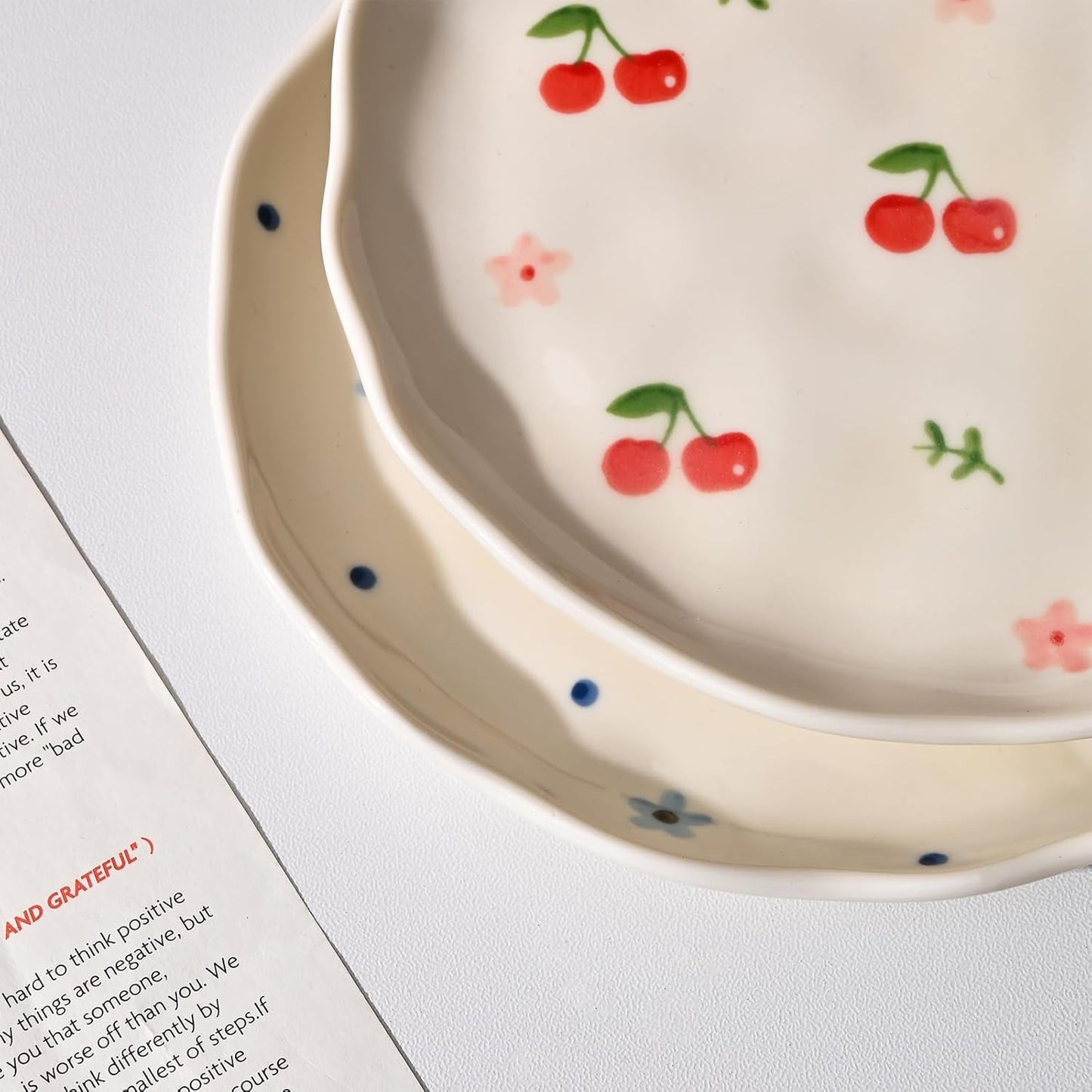 Koythin Ceramic Dessert Plates, Cute Fruits Dinner Plate, Creative Plates Design, Printed Flowers Dinnerware for Office and Home, Kitchen Plates for Desserts (Cherry Flower)