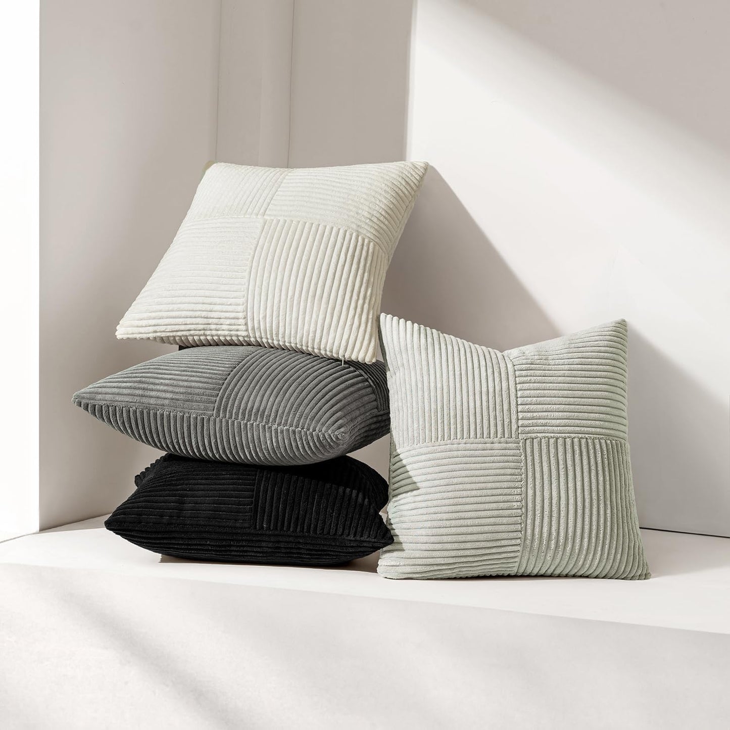 MIULEE Black Corduroy Pillow Covers Pack of 2 Boho Decorative Spliced Throw Pillow Covers Soft Solid Couch Pillowcases Cross Patchwork Textured Cushion Covers for Living Room Bed Sofa 14x24 inch