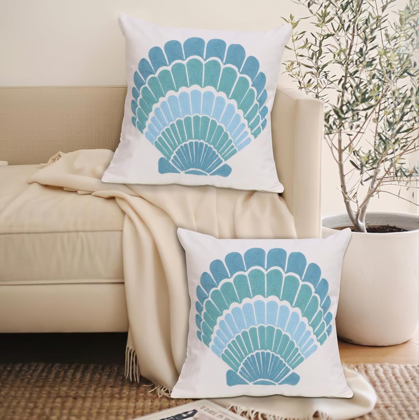 1 PCS Embroidered Throw Pillow Cover Cotton Decorative Square Cushion Cases for Home Sofa Bed and Chair 18 x 18 Inch (Blue Shell-2)