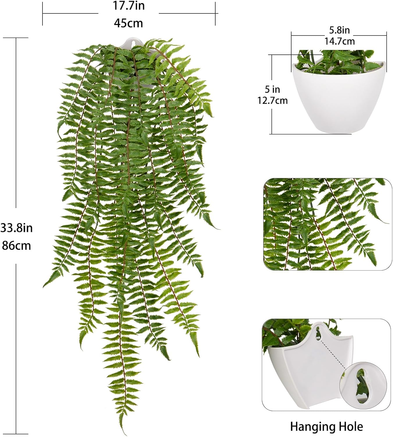 Hollyone Artificial Fern Hanging Plants Potted Fake Boston Ferns Ivy Vines Hanging Wall Plants Realistic Faux Ferns Greenery Plants for Wall Outdoors Indoors Home Office Garden Patio Decorations