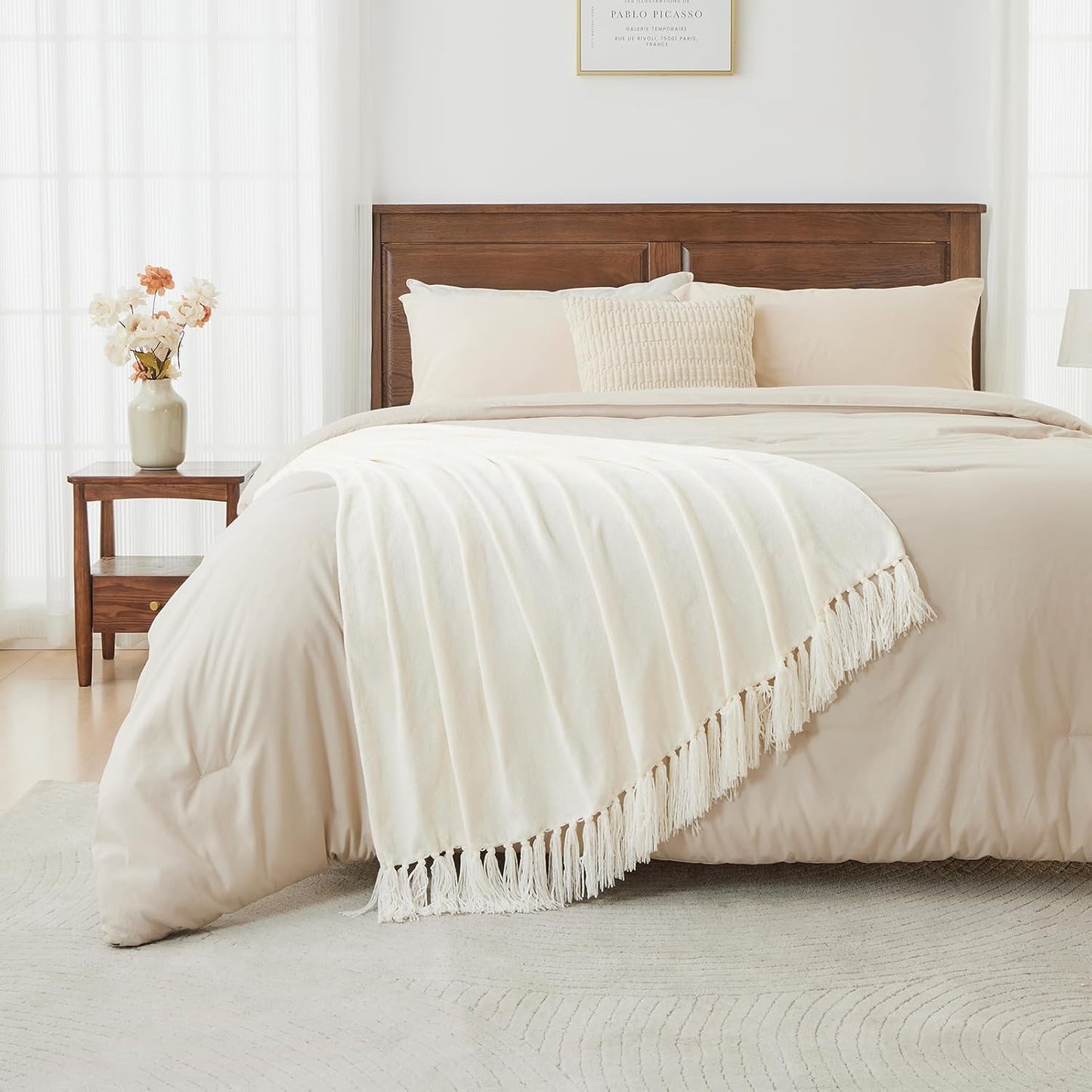 CozeCube Chenille Throw Blanket for Couch, Cozy Plush Fuzzy Decorative Cream White Blanket with Fringe Tassels, Lightweight Throws for Bed Sofa Gift Home Decor, 60"X80"