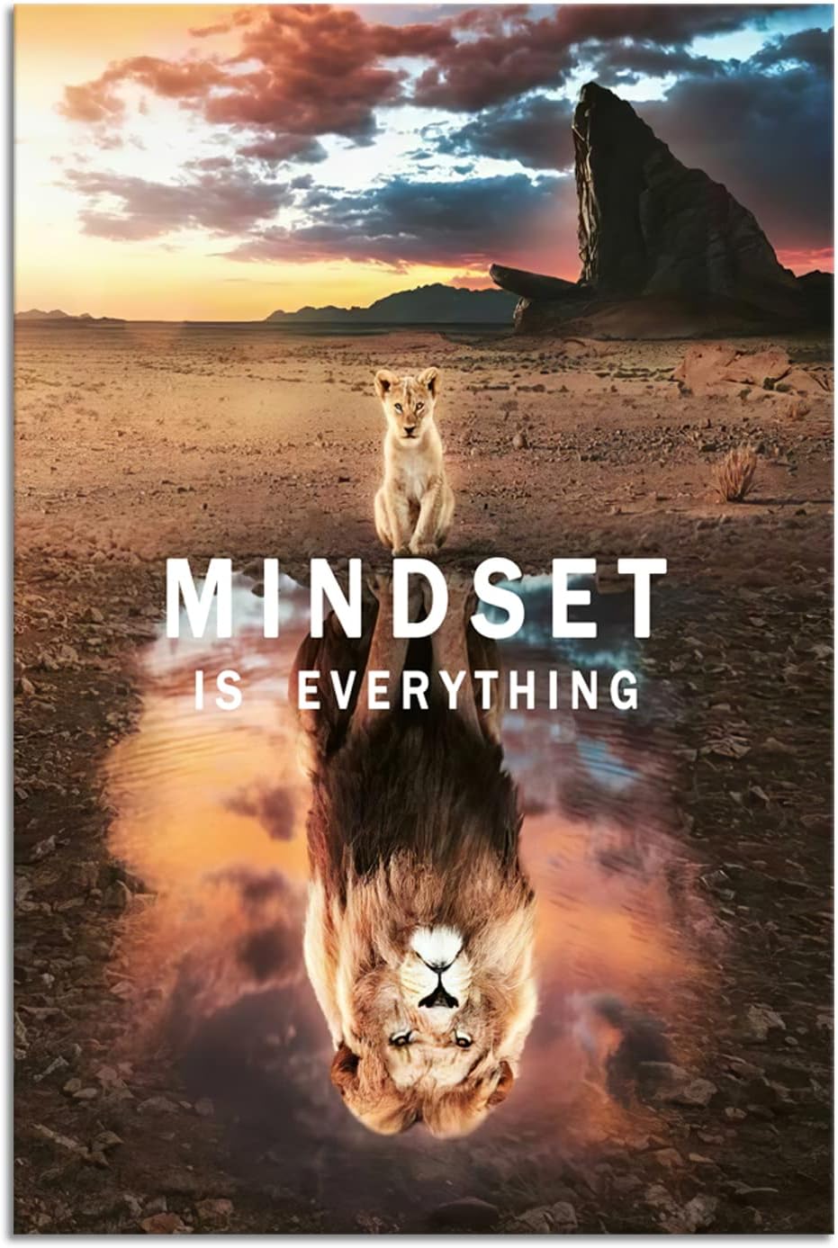 Mindset is Everything Inspirational Canvas Wall Art Small Cat and Big Lions Entrepreneur Quotes Poster Print Artwork Painting Picture for Home Office Living room Wall Decor Framed[24"W x 36"H]