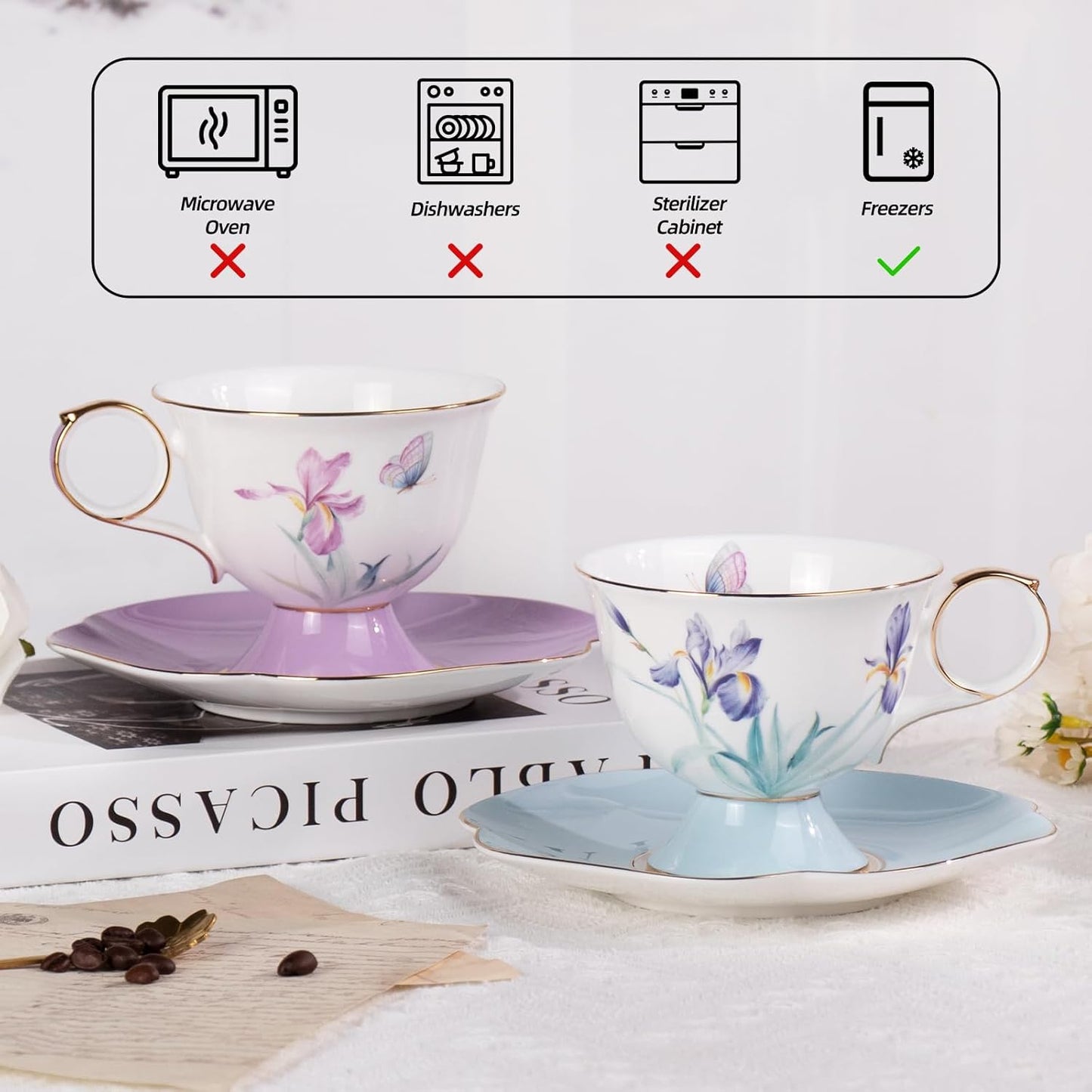 KAMMAK Ceramic Coffee Cups Saucers Set of 2, Porcelain Espresso Cups with Saucers, 8.45 oz Handcrafted Elegant Bone China Tea Cups, Iris Flower & Butterfly Pattern Teacup for Party, Office, Gift