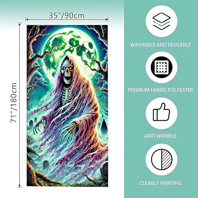 2D flat Ghost in Forest Door Cover Banner – Halloween Spirit Scary Door Decorations – Haunted Holiday Entryway Decor for Home 71x35 Inch