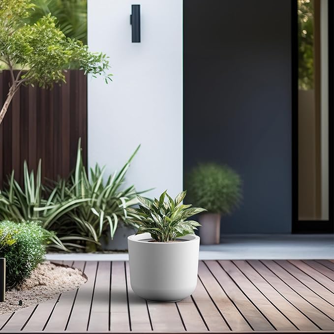 Kante Round Concrete Planter, 13.2 Inch Dia Classic Style Large Plant Pot with Drainage Hole for Indoor & Outdoor Plants, Ideal for Home, Patio, Garden, White