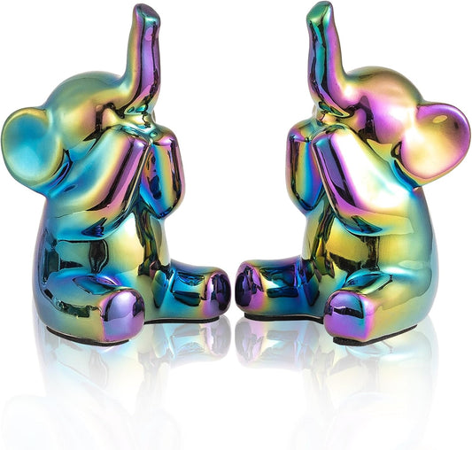 Colorful Black Loving Pair of Small Elephant Statues Silver Home Decor Modern Boho Style Figurine Decorative Ornaments for Living Room, Bedroom, Office Desktop, Cabinets, Shelf