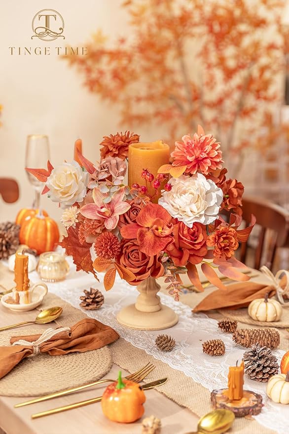 TINGE TIME Roses Artificial Flowers Orange Faux Flowers Bulk for DIY Bridal Wedding Bouquets Baby Shower Fall Centerpiece Table Home Decorations