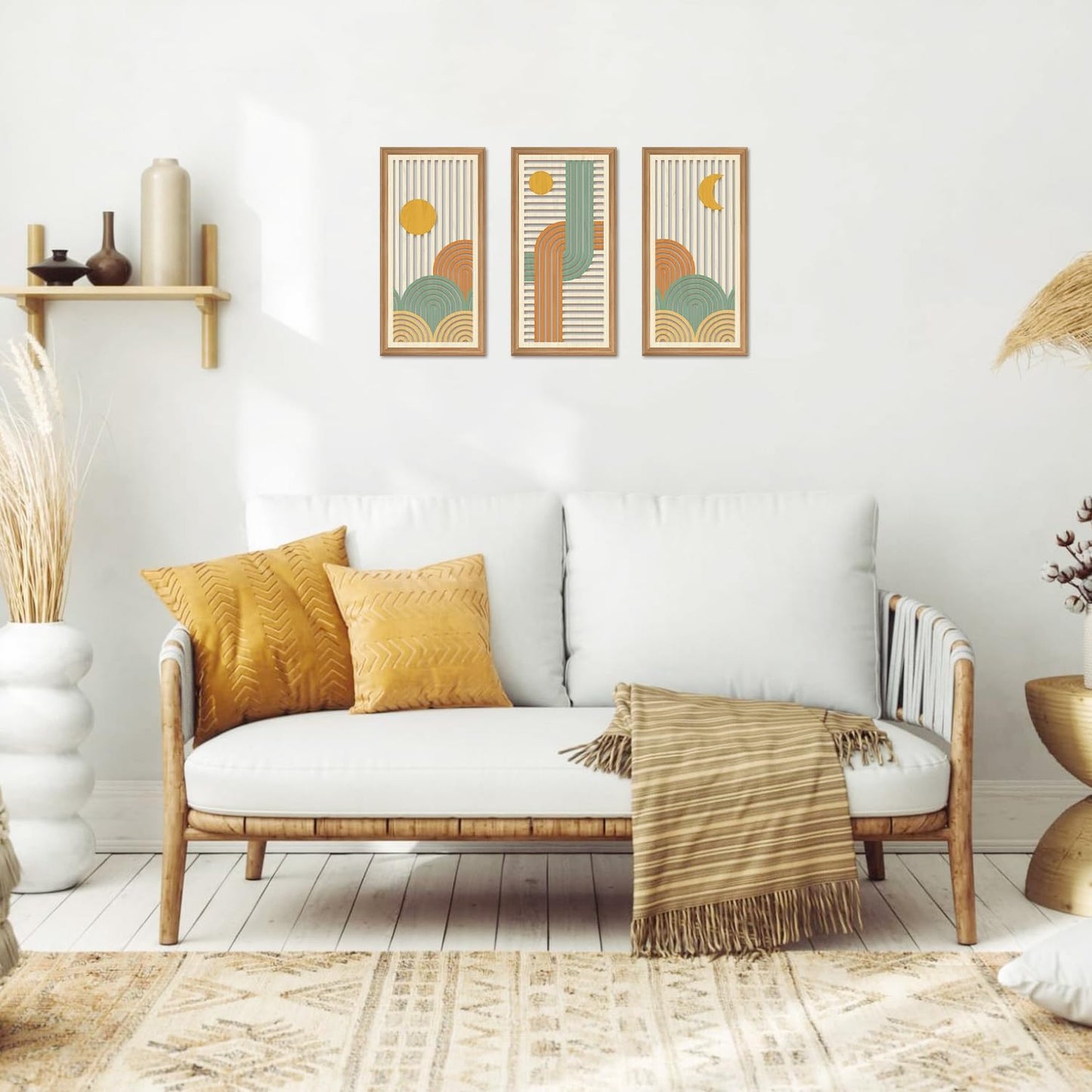 IARTTOP 3 Pcs Boho Abstract Wood Wall Art Modern Geometric Artwork Bohemian Sun and Moon Wood Wall Decor Minimalist Line Hanging Decor for Living Room Bedroom Apartment 7.9 x15.8 Inch