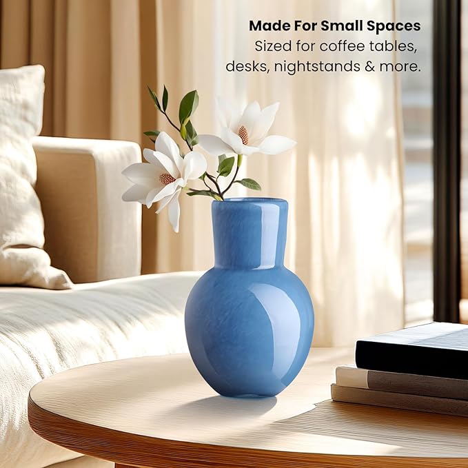 Torre & Tagus 6" Mouth Blown Art Glass Vase for Flowers - Opaque Blue Small Table Vase & Handmade Small Blue Accent for Coastal Home Decor, Neutral Bud Vases as Decorative Shelf Decor or Wedding