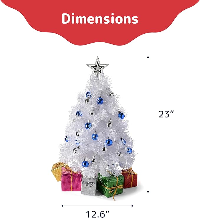 23-Inch Mini White Christmas Tree with Warm-White LED Lights - Small Xmas Decor with Lights and Star Treetop - DIY Tabletop Little Christmas Tree, Decorated Gift Boxes and Hanging Ornaments