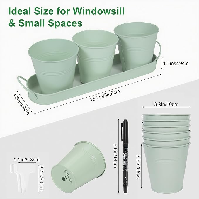 Herb Garden Planter Indoor Kit – 6 Metal Pots with 2 Trays for Windowsill & Kitchen Counter – Modern Decorative Indoor Planters for Herbs, Succulents & Small Plants, Mint