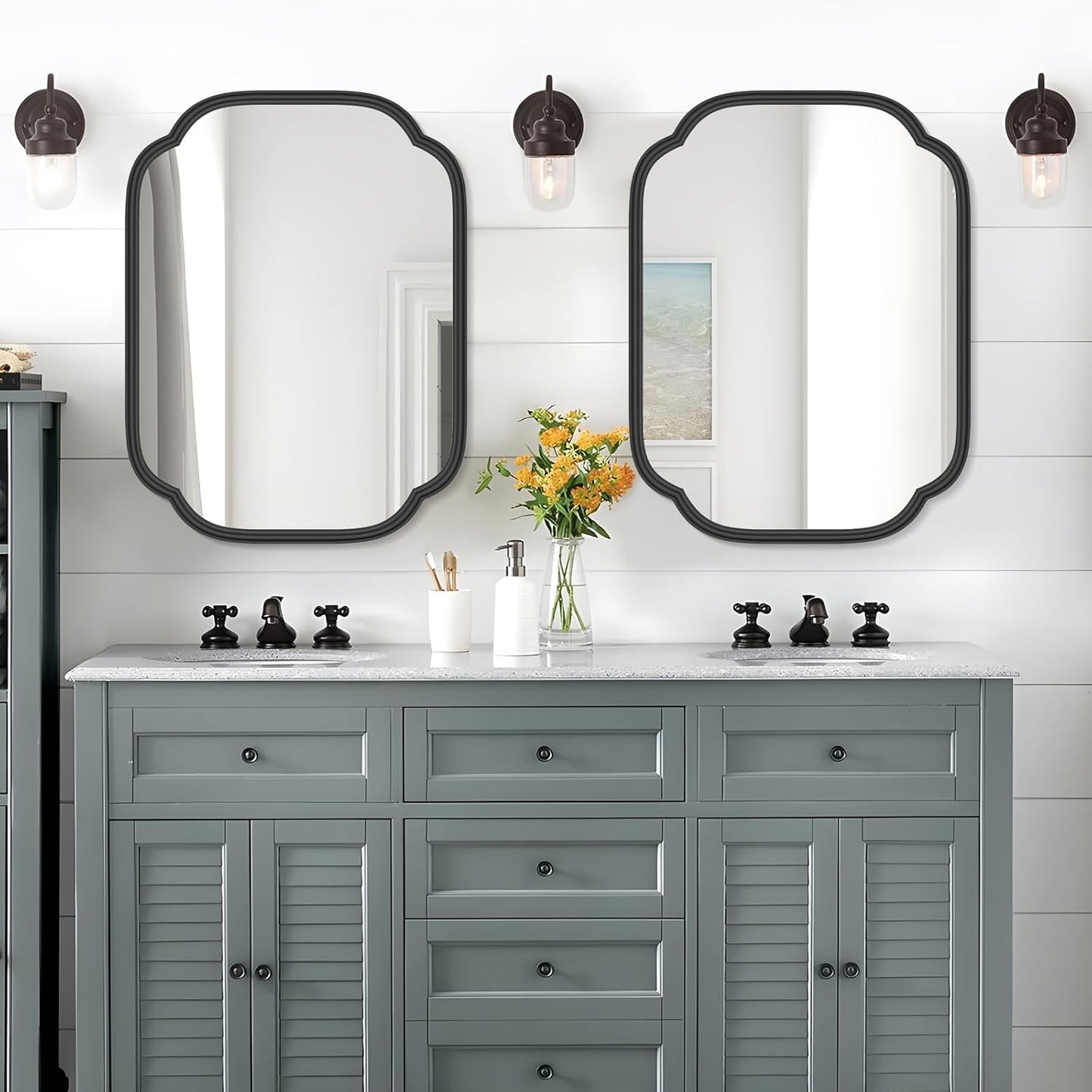 Black Bathroom Mirror for Wall, 18" x 24" Rectangular Wall Mirror for Bathroom Metal Frame Farmhouse Rounded Corner Wall Mirror (Horizontal/Vertical)