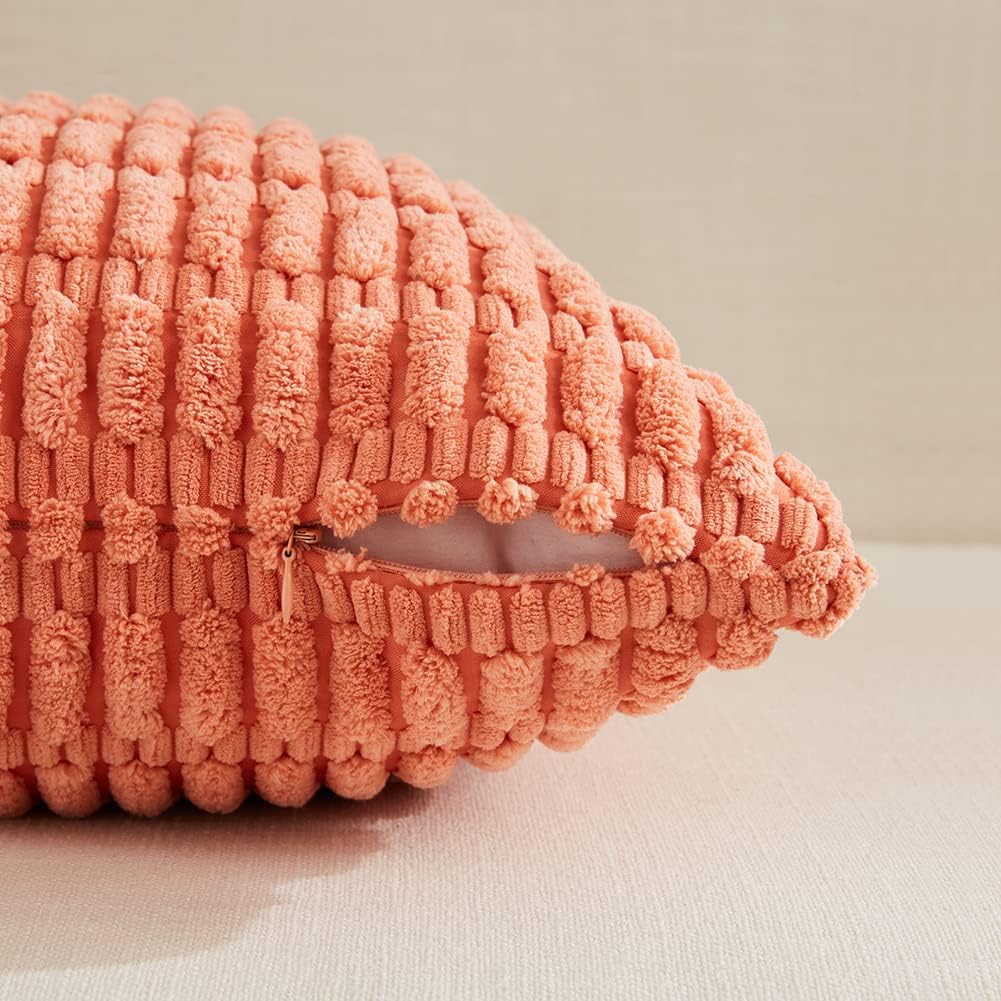 Fancy Homi 4 Packs Boho Coral Decorative Throw Pillow Covers 14x14 Inch for Living Room Couch Bed Sofa, Rustic Modern Farmhouse Home Decor, Soft Plush Corduroy Peach Cute Square Cushion Case 35x35 cm