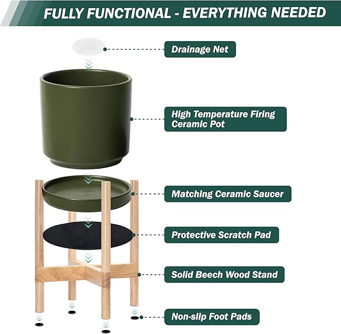 D'vine Dev Ceramic Planter with Natural Stand - 8 Inch Modern Round Flower Pot with Wood Planter Holder, Olive, 55-B-N-J