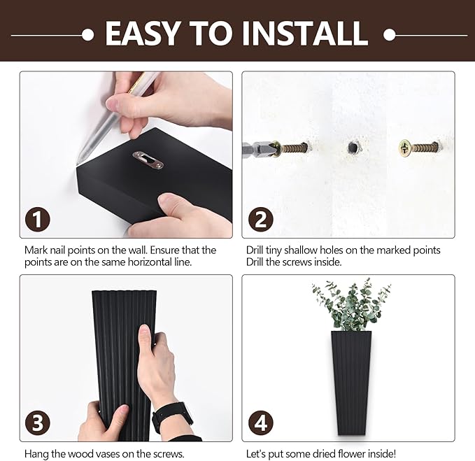 2PCS Wood Wall Planter for Indoor Plants, Wooden Hanging Planter for Dried Flowers and Artificial Greenery Plants,Modern Farmhouse Wood Wall Decor for Living Room,Bedroom,Bathroom(Black)