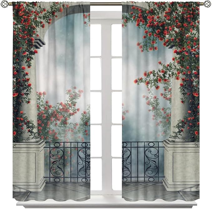 Gothic Castle Blackout Curtains，Vintage Medieval Foggy Romantic Rose Floral Pattern Drapes Window 2 Panel Rod Pocket Curtain for Bedroom Living Room Decor 21" W X 54" L