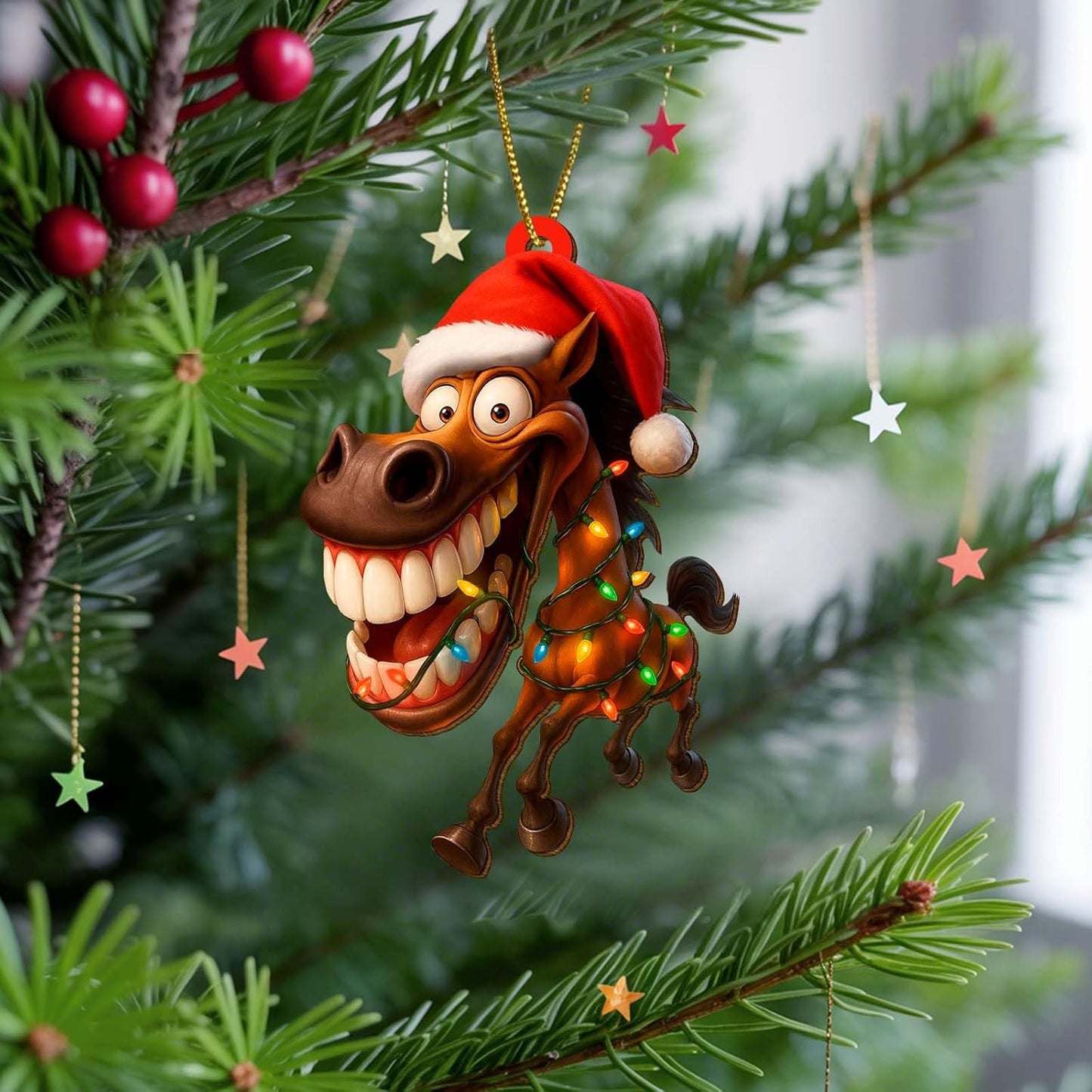 Farmhouse 2 Side Printed Wooden Ornament, Farm Animal Tree Decoration, Crazy Horse Ornament, Holiday Hanging Keepsake Gift for Christmas