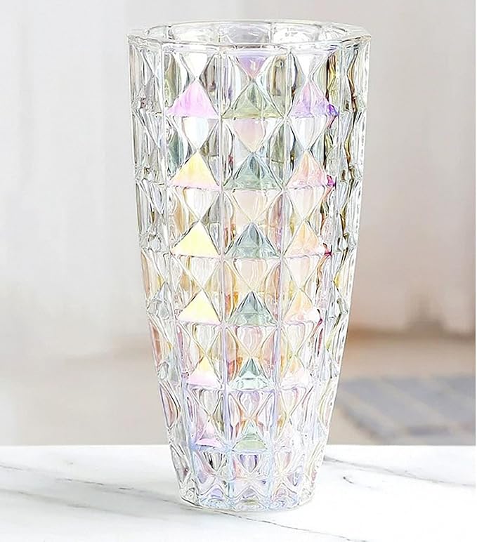 Unique Diamond-Shaped Colorful Glass Flower Vase 11.8" Tall for Home Decor, Dining Wedding Table Office Holiday Party Centerpiece Decoration.