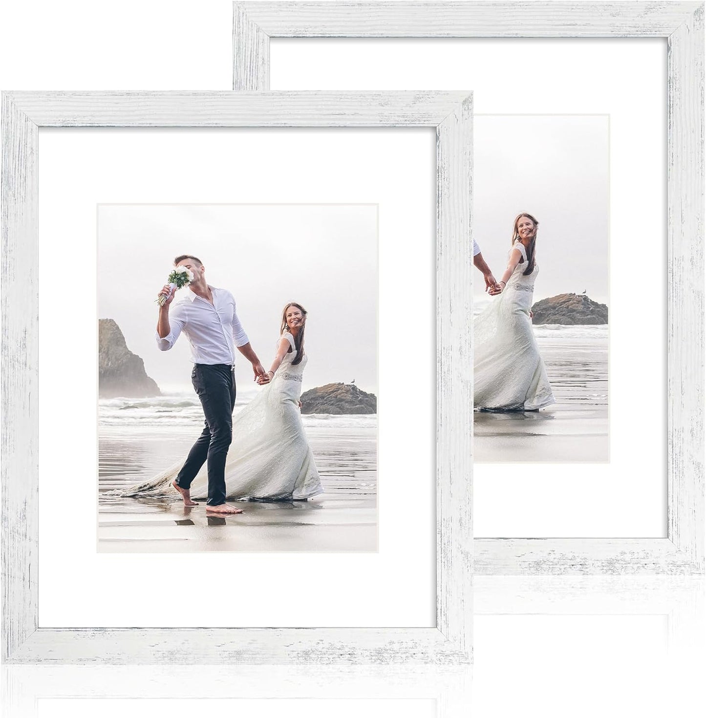 iRahmen 11x14 Picture Frame Set of 2 with Plexiglass, Distressed White Poster Frame Display 8x10 Pictures with Mat or 11 x 14 Without Mat, Wood Photo Frame for Horizontal or Vertical Wall Mount
