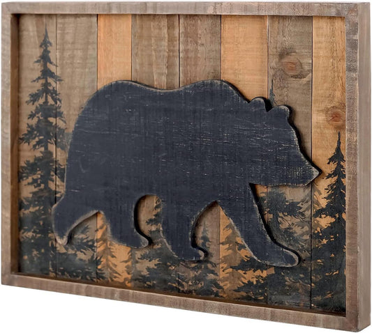 NIKKY HOME Cabin Wall Decor, 3D Bear Wood Forest Mountain Woodland Wildlife Lodge Animal Picture Art Bathroom Decor, 16 x 12 Inches