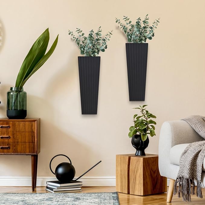 2PCS Wood Wall Planter for Indoor Plants, Wooden Hanging Planter for Dried Flowers and Artificial Greenery Plants,Modern Farmhouse Wood Wall Decor for Living Room,Bedroom,Bathroom(Black)