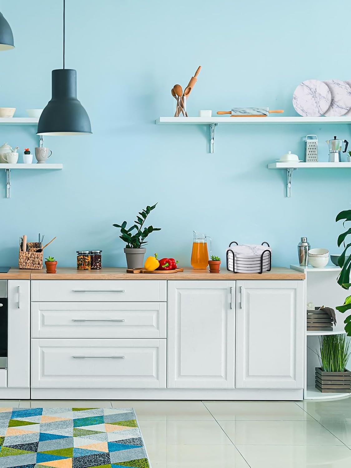 LIFVER Coasters for Drinks, White Marble-Style Absorbent Coasters with Holder, Housewarming Gifts for Home Decor, Suitable for Kinds of Cups, 4 Inches, Set of 6