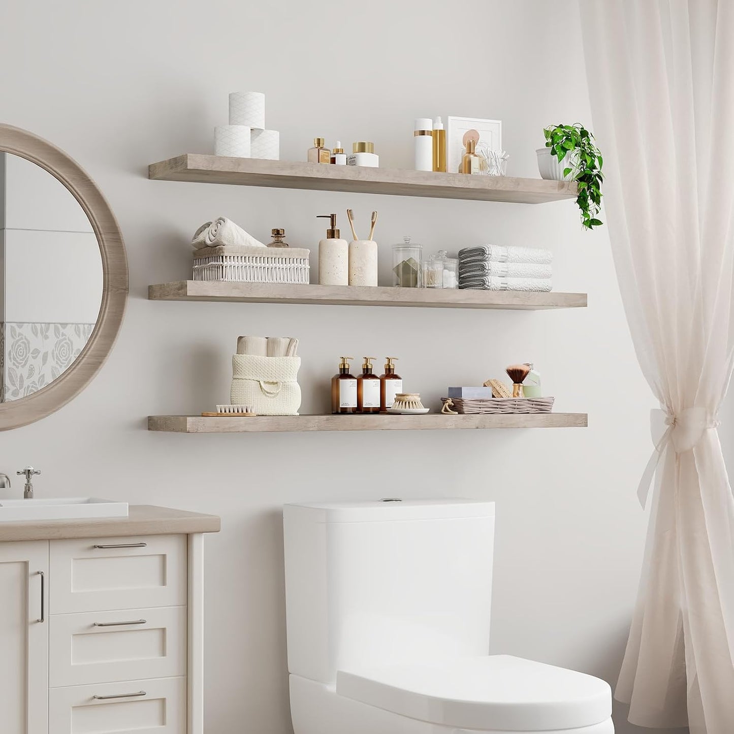 Floating Shelves for Wall, 1.5" Thick Wall Shelf Set of 3 with Invisible Brackets, L47.2 x W7.9 Hanging Book Shelves Farmhouse Home Decor for Bathroom, Living Room, Bedroom, Greige 12301BJP3BG