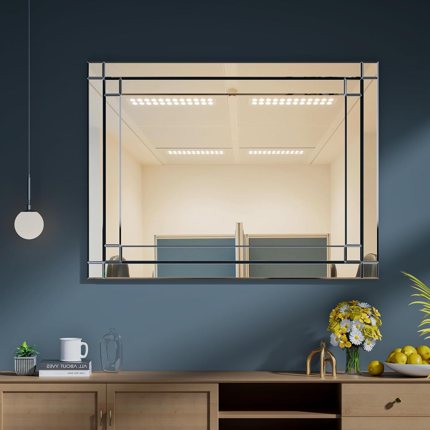 COOL2DAY 48" x 28"Frameless Rectangular Wall Mirror,Polished Beveled Edge Decorative Mirrors Modern Wall Decor Mirrors for Bathroom Vanity, Entryway and Living Room
