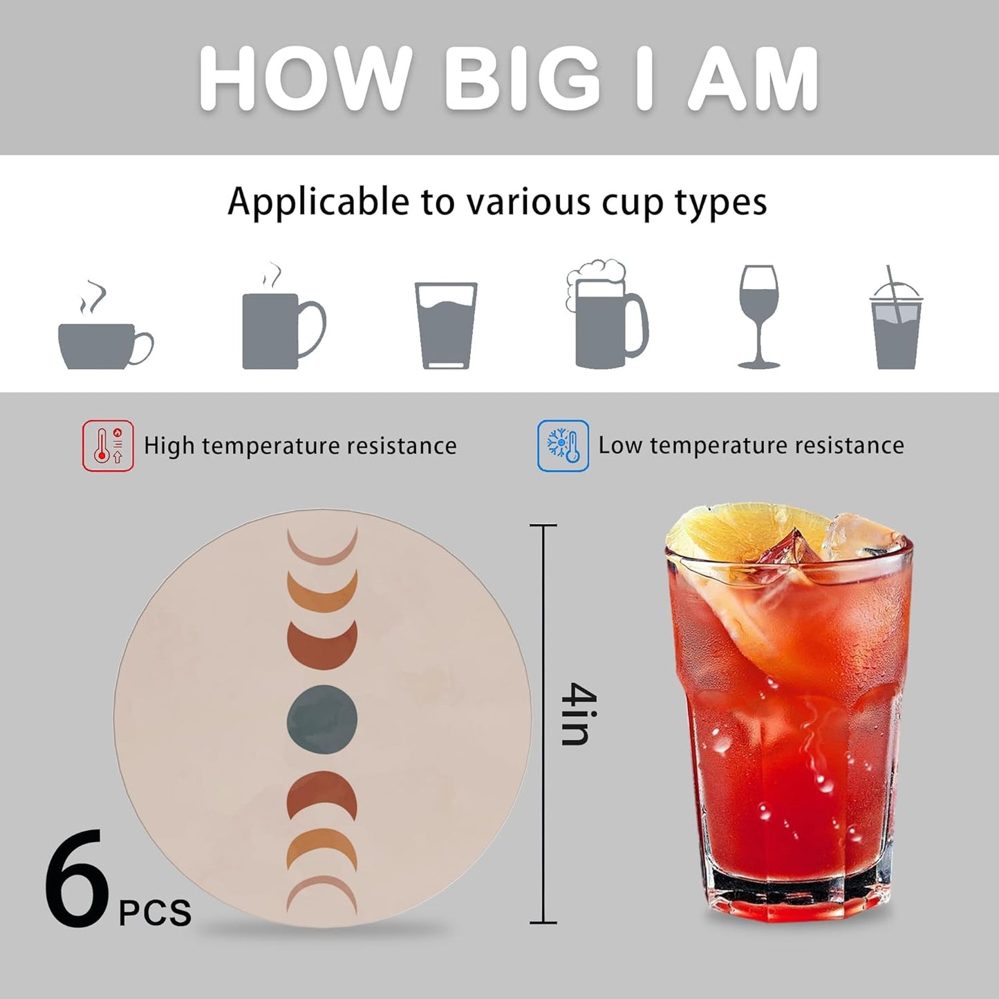 Drink Coasters for Drinks Set of 6, Boho Art Absorbent Round Ceramic Stone Mat Coaster, with Cork Base and Metal Holder, Home Bar Decor House Warming Gift